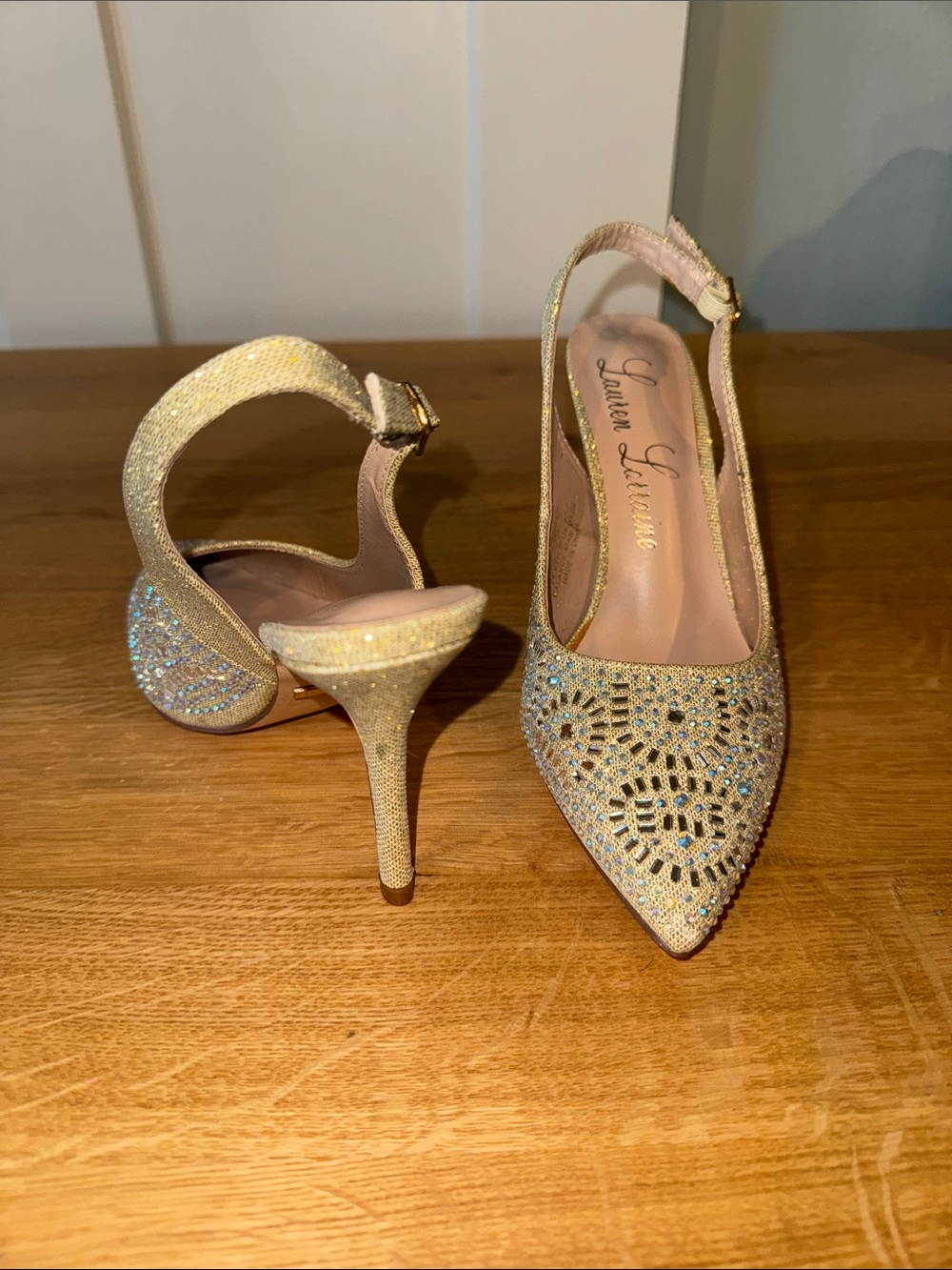 Lauren Lorraine Gold Crystal Embellished Pointed Slingback Heels